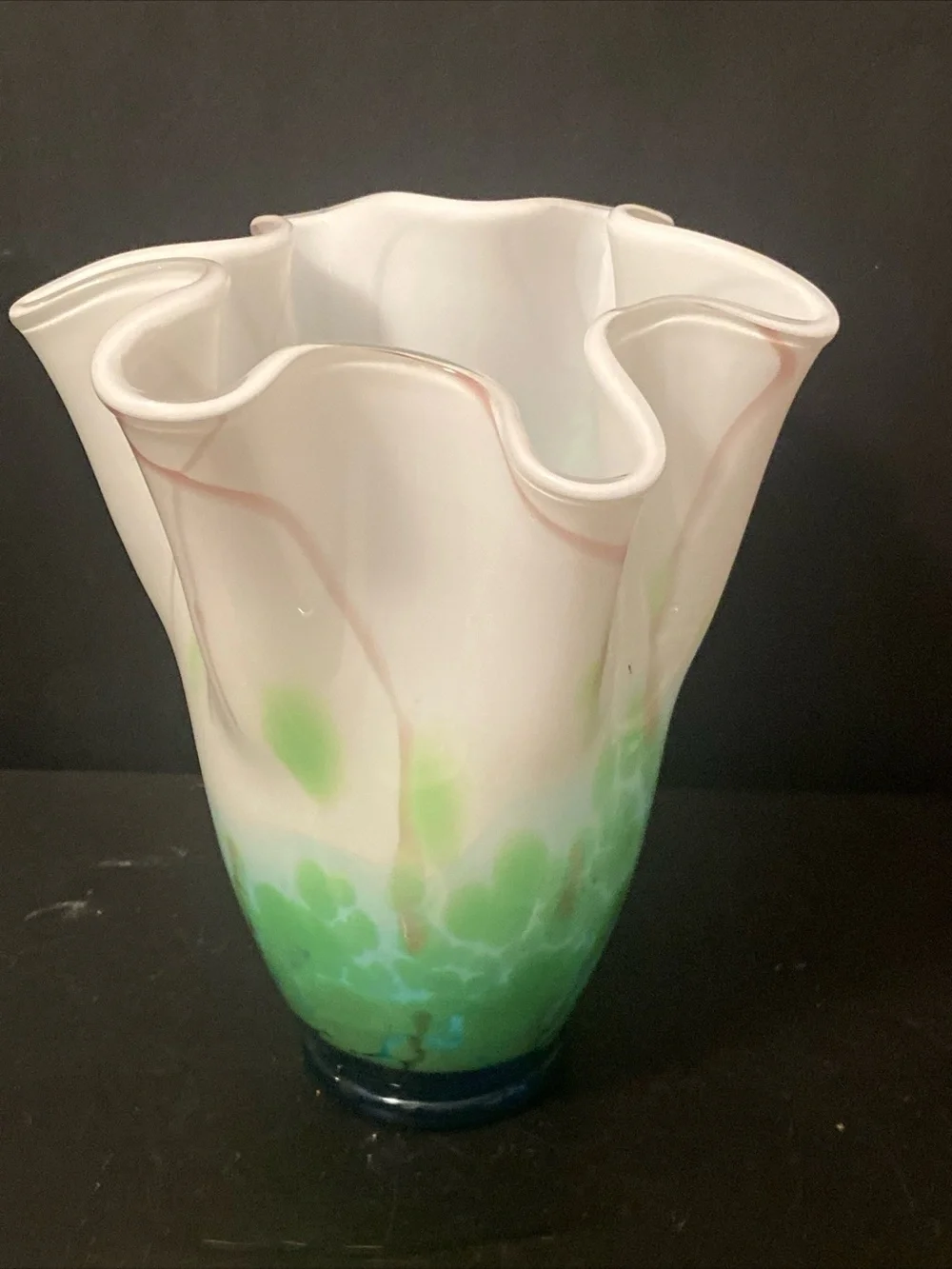 Handblown Art Glass Handkerchief 10”Green,Teal,grey Large Vase